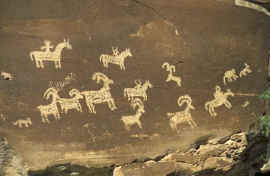 Indianische Graffiti, Arches Nationalpark, Utah, Vereinigte Staaten von Amerika, Nordamerika